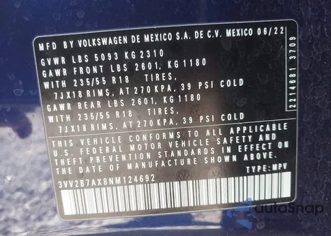 2022 Volkswagen Tiguan 2.0T Se z USA, uszkodzony, nr VIN 3VV2B7AX8NM124692